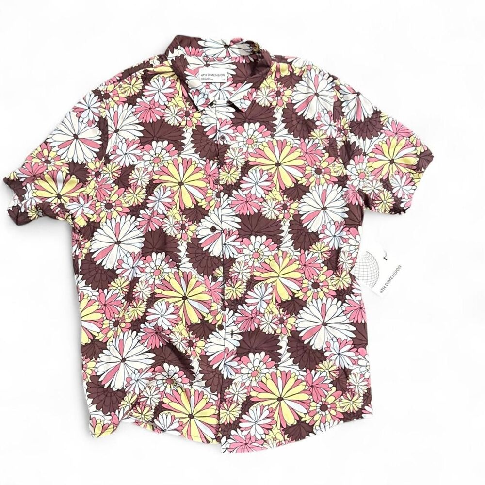 4th Dimension Retro Floral Button Up Shirt Brown Pink Yellow Short Sleeve Large